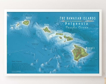 Map of Hawaii Islands, Oahu, Maui, Lana, Kauai, Big Island, Sailing Nautical Map, Hawaiian Travel Gift, Scuba Diving Log, Framed or Print