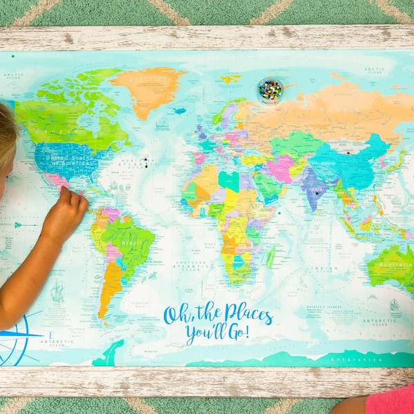 Personalized World Map for Kids, Pastel Nursery Colors, Seuss Oh the Places You'll Go, Framed Push Pin or Poster, Children Educational Fun