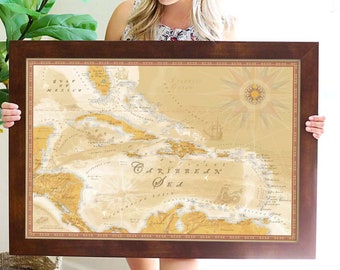 Caribbean Islands Map with detailed Oceanography, Florida Keys, Currents and Depths, Cruise Ship Ports Map, Vintage Gold Edition