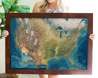 USA Push Pin Travel Map - Physical Elevation Map Featuring National Parks and Detailed Natural Terrain - Professional Cartography