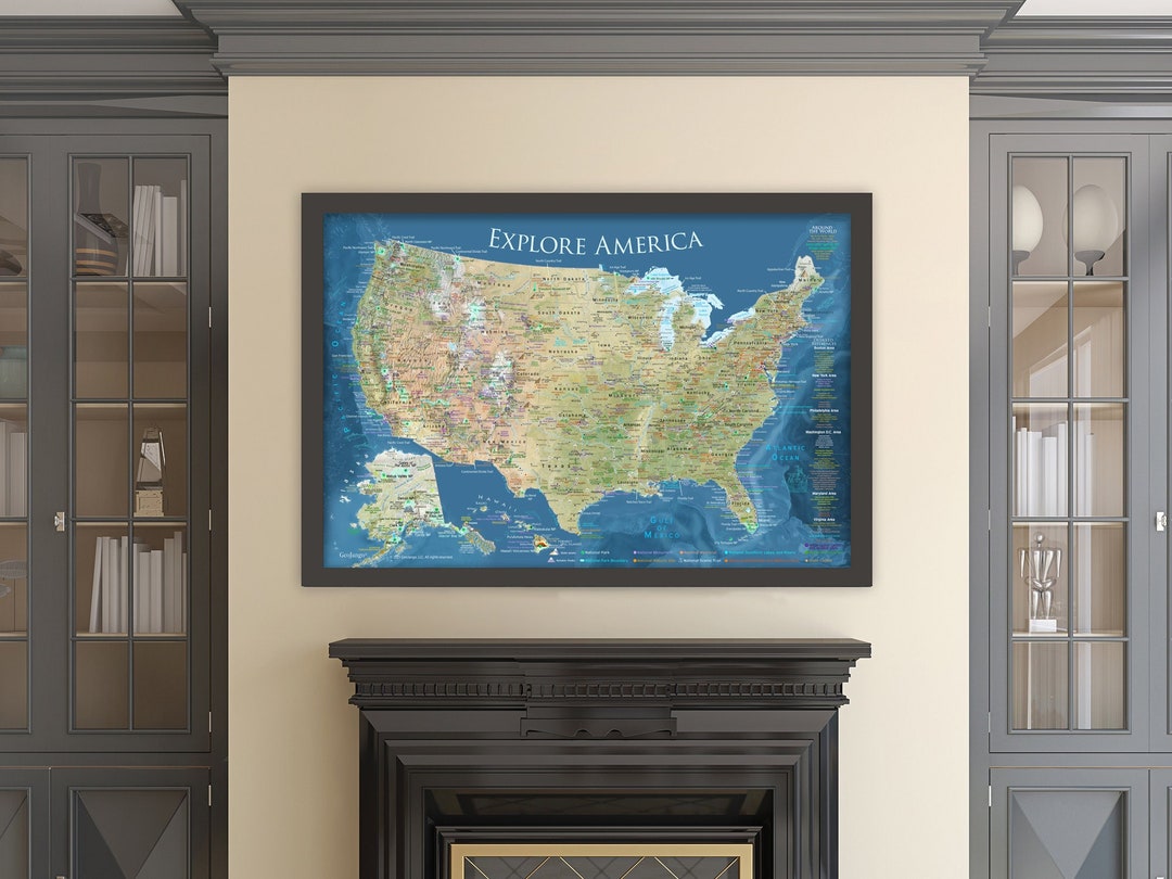 Landform Map of the USA and National Parks, Travel Tracker, Topo