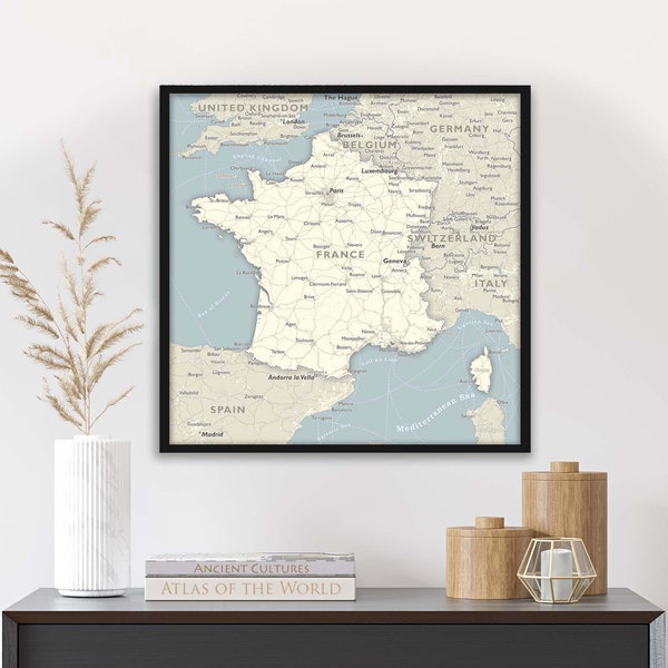 Map of France Framed Wall Art or Print, Detailed Cities with Roads, Large Travel Planning Map, Classical Design, 24x24 inch map