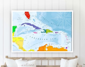 Caribbean Map of Islands Cruise Ship Gift for Family, Nautical Wall Art, Florida Keys, Detailed Oceanography, Push Pin, Canvas or Poster