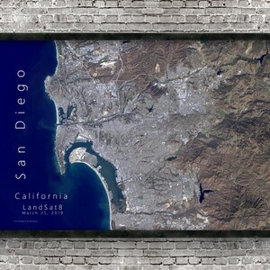 San Diego Map, Satellite Wall Art, View from Space, Custom Topographic, Framed or Fine Art Print