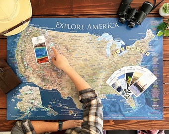Detailed USA Push Pin Map Checklist, National Parks and Monuments, Cities, Capitals Framed Pin Map or Rolled Print, RV Family Travel Gift