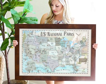 USA Watercolor Map, 63 National Parks Sticker Map, Artistic Nature Design, Framed Sticker Map or Print, Travel Gift for Family