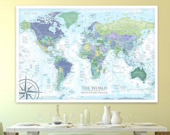 Best Map of the World Personalized, Detailed with Cities Countries, USA States, Modern Pastels, Framed Push Pin Board Map or Rolled Poster