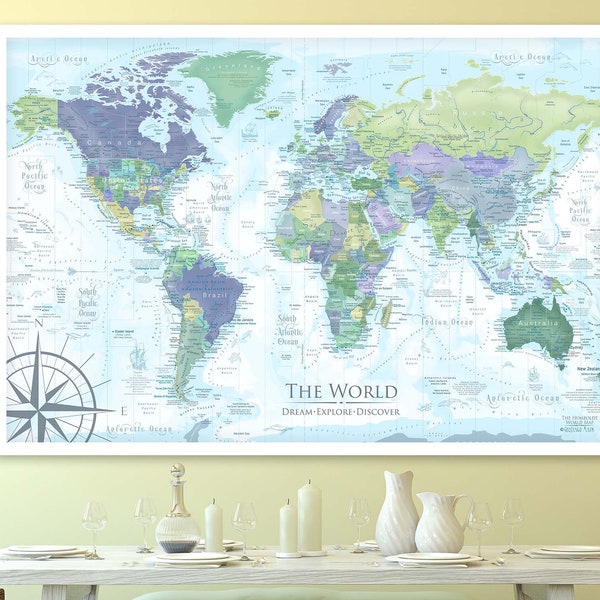 Best Map of the World Personalized, Detailed with Cities Countries, USA States, Modern Pastels, Framed Push Pin Board Map or Rolled Poster