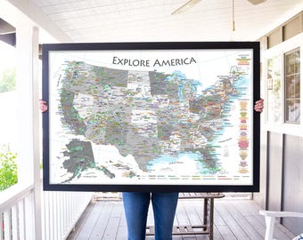Detailed USA Map with National Parks, Historical Cities, Monuments, Travel Map, Framed Pin Map or Poster Print, Black and White Edition