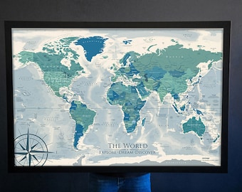 Designer World Map in Blue Green Grey White, Framed Push Pin Board Map or Rolled Print, Large Wall Art, Personalize Title, Legend, Compass