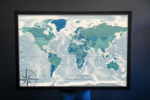 Canvas Art Bay Blue & Gold Push Pin World Map - Personalized World Map  Canvas - Detailed Travel Map with Pins - Large World Map Print - World Map  Pin