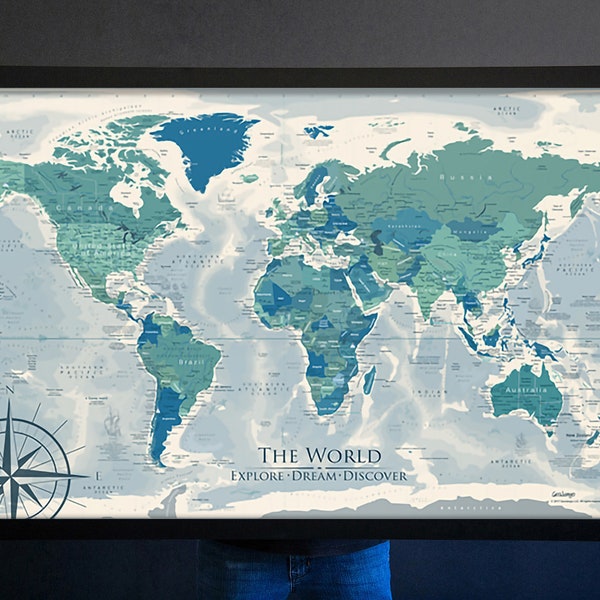 Designer World Map in Blue Green Grey White, Framed Push Pin Board Map or Rolled Print, Large Wall Art, Personalize Title, Legend, Compass