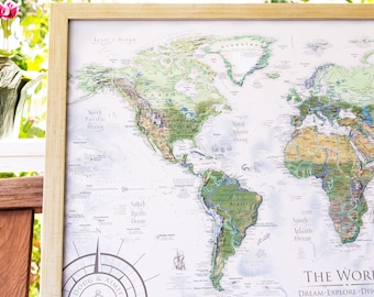 Personalized World Push Pin Travel Map Labeled for Exploration, Nautilus Framed Canvas Vintage Terrain Custom Map Handmade Mother's Day Gift