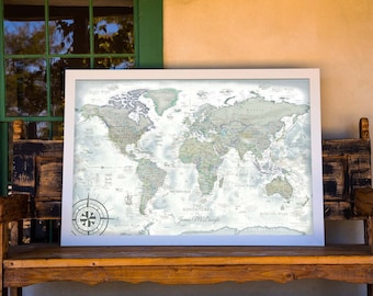 Large World Map, Framed Push Pin Map or Rolled Print, Detailed Geography, Personalized Options, Custom Legend for you Travel Adventures