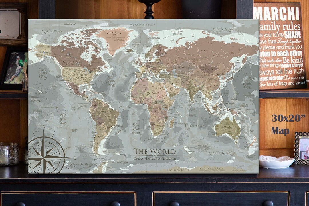 World Map Push Pin Canvas Wrap or Print Wall Art, Vintage Pushpin Map