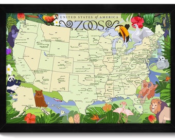 Top Zoos in the US Map - Best Zoos Across America - Animal and Wildlife Wall Art - Choose Fine Art Rolled Print or Framed Push Pin Map