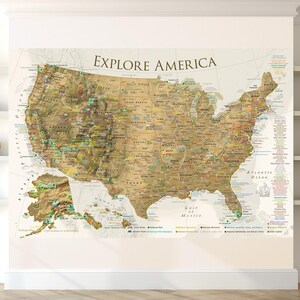 Personalized National Park Travel Map with USA Detailed Cities, Elevation, Framed Push Pin Map or Poster, Professional Geography, Magellan