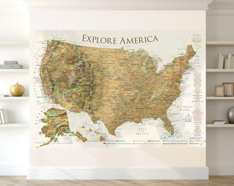 Personalized National Park Travel Map with USA Detailed Cities, Elevation, Framed Push Pin Map or Poster, Professional Geography, Magellan