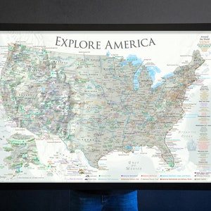 National Parks Travel Map, Framed Push Pin Map or Poster Print, Detailed USA Map with Roads and Historical Sites - Professional Geography