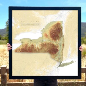 New York Elevation Map, Geography with Mountain Ranges Roads Lakes and Rivers, Fine Art Print or Beautiful Solid Wood Framed Wall Art