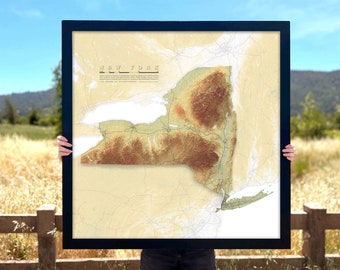 New York Elevation Map, Geography with Mountain Ranges Roads Lakes and Rivers, Fine Art Print or Beautiful Solid Wood Framed Wall Art