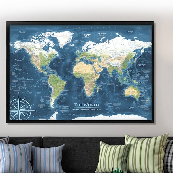 Satellite World Map - Framed Push Pin Travel Map or World Map Wall Art - Executive Map - Designed by a Professional GIS Scientist