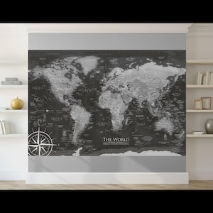 World Map Wall Decal Black and White Map – Peel and Stick Wallpaper, Educational & Interactive - Home, Office, Travel Decor