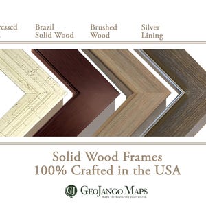 May include: Five different wood picture frames, each with a different finish. The frames are arranged in a row, with the distressed gold frame on the left and the silver lining frame on the right. The frames are all made of solid wood and are 100% crafted in the USA. The text "Solid Wood Frames 100% Crafted in the USA" is displayed below the frames.