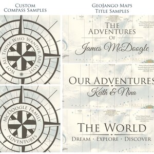 Puede incluir: Un conjunto de cuatro dise&ntilde;os de t&iacute;tulos de mapas con tem&aacute;tica de br&uacute;jula. El primer dise&ntilde;o presenta una br&uacute;jula con el texto "No todos los que deambulan est&aacute;n perdidos". El segundo dise&ntilde;o presenta el texto "Las Aventuras de James McDoogle". El tercer dise&ntilde;o presenta el texto "Nuestras Aventuras Keith & Nina". El cuarto dise&ntilde;o presenta el texto "El Mundo So&ntilde;ar Explorar Descubrir".