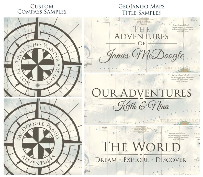 Puede incluir: Un conjunto de cuatro dise&ntilde;os de t&iacute;tulos de mapas con tem&aacute;tica de br&uacute;jula. El primer dise&ntilde;o presenta una br&uacute;jula con el texto "No todos los que deambulan est&aacute;n perdidos". El segundo dise&ntilde;o presenta el texto "Las Aventuras de James McDoogle". El tercer dise&ntilde;o presenta el texto "Nuestras Aventuras Keith & Nina". El cuarto dise&ntilde;o presenta el texto "El Mundo So&ntilde;ar Explorar Descubrir".