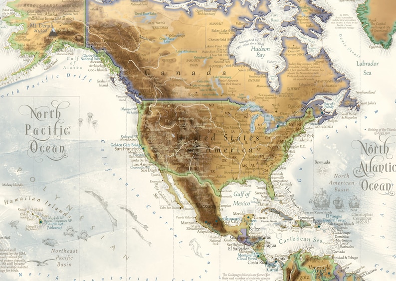 Puede incluir: Un mapa de estilo vintage de Am&eacute;rica del Norte con una combinaci&oacute;n de colores marr&oacute;n y beige. El mapa muestra los Estados Unidos, Canad&aacute;, M&eacute;xico y las islas circundantes. El mapa es detallado e incluye las principales ciudades, r&iacute;os y monta&ntilde;as.