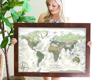 Most Detailed World Map on High Quality Corkboard  - with USA National Parks - Push Pin Map or Poster - The Nautilus World Map