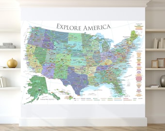 USA Map Wall Decal - USA Map - USA White - Wall Sticker Room Decor Map Decor - Educational Map