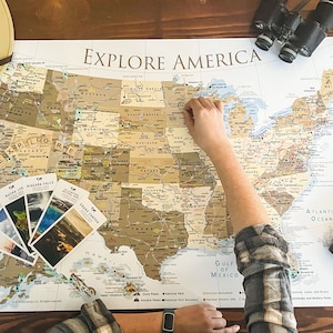 Detailed National Parks Map, USA Camper RV Travel Tracker, Historic and Detailed Cities, Framed Pin Board Map or Poster Print, Gold Edition