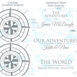 May include: Two compass designs with a blue and gray color scheme. The first compass features the text "Not all those who wander are lost". The second compass features the text "McDoogle Family Adventures".