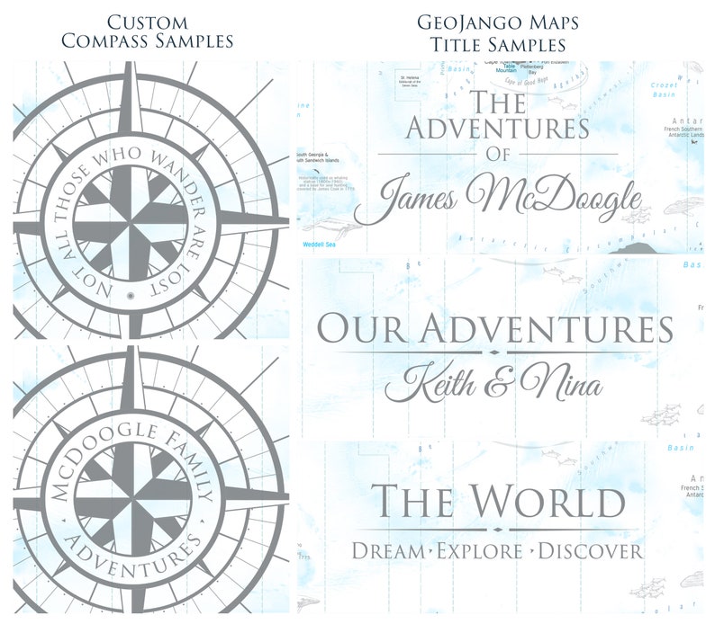 May include: Two compass designs with a blue and gray color scheme. The first compass features the text "Not all those who wander are lost". The second compass features the text "McDoogle Family Adventures".