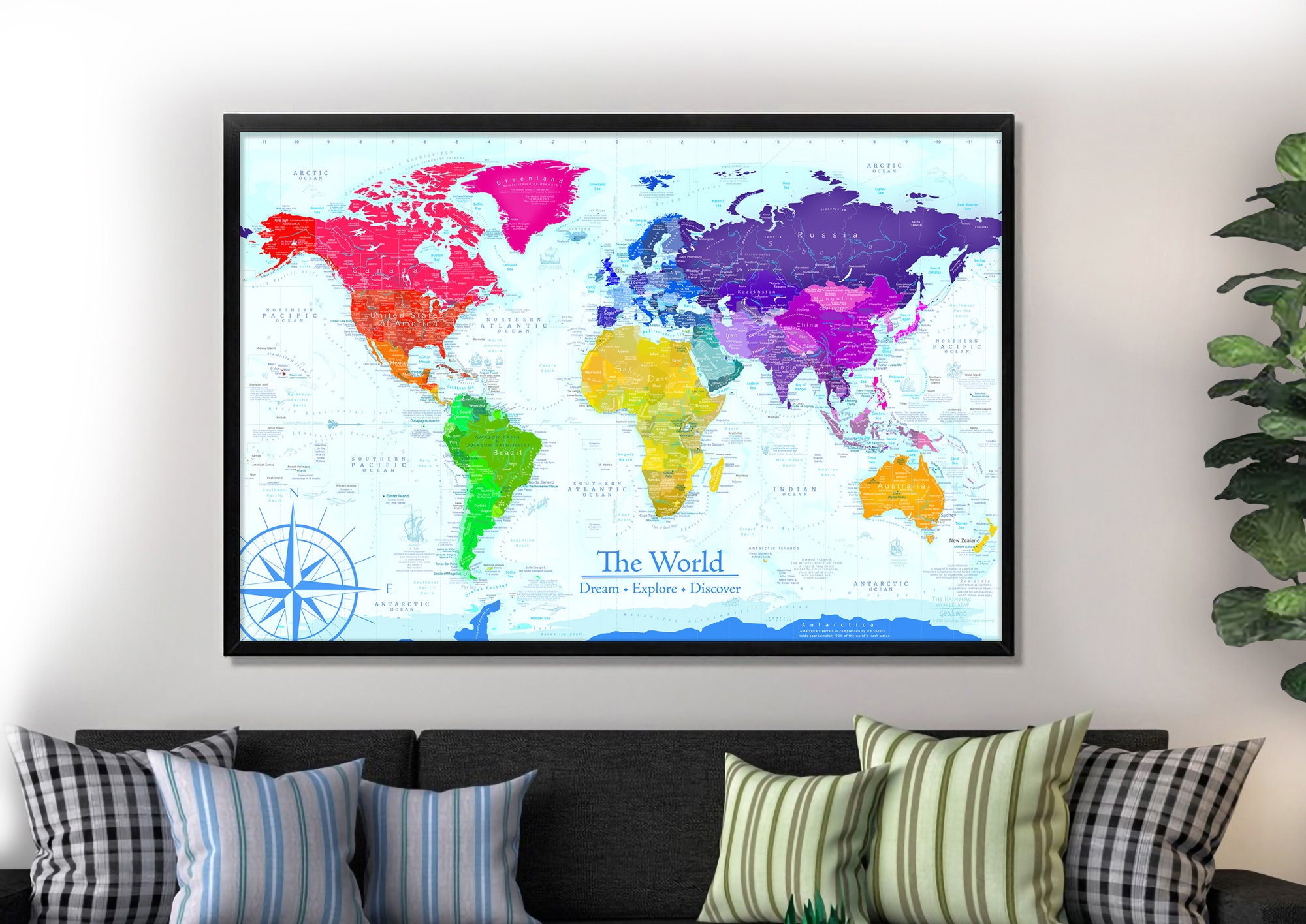 Detailed World Map, Bright Playful Rainbow Colors, Push Pin Map or Print, Kids Room Wall Art, Homeschool Geography Large Wall Art