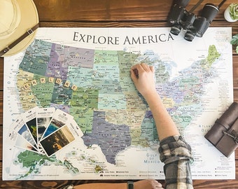 USA Travel Adventure Map with National Parks Historical Sites, Detailed Cities, State Capitals, Interstates, Print or Framed Push Pin