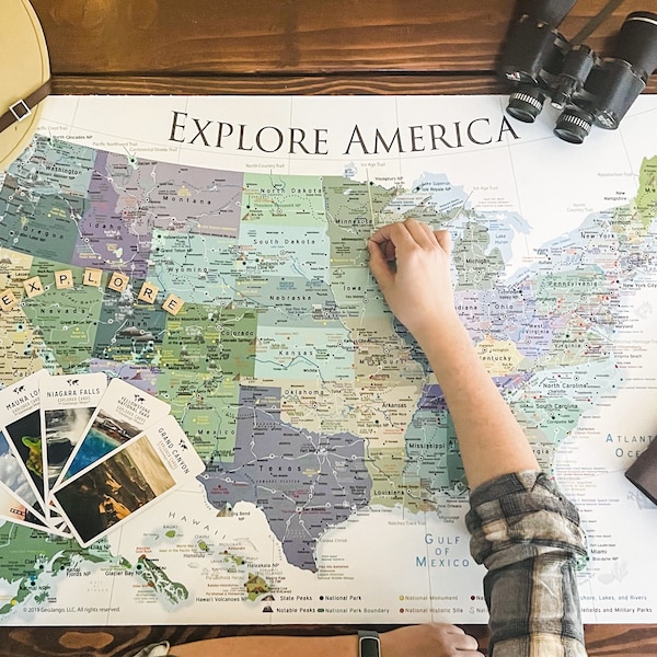 USA Travel Adventure Map with National Parks Historical Sites, Detailed Cities, State Capitals, Interstates, Print or Framed Push Pin