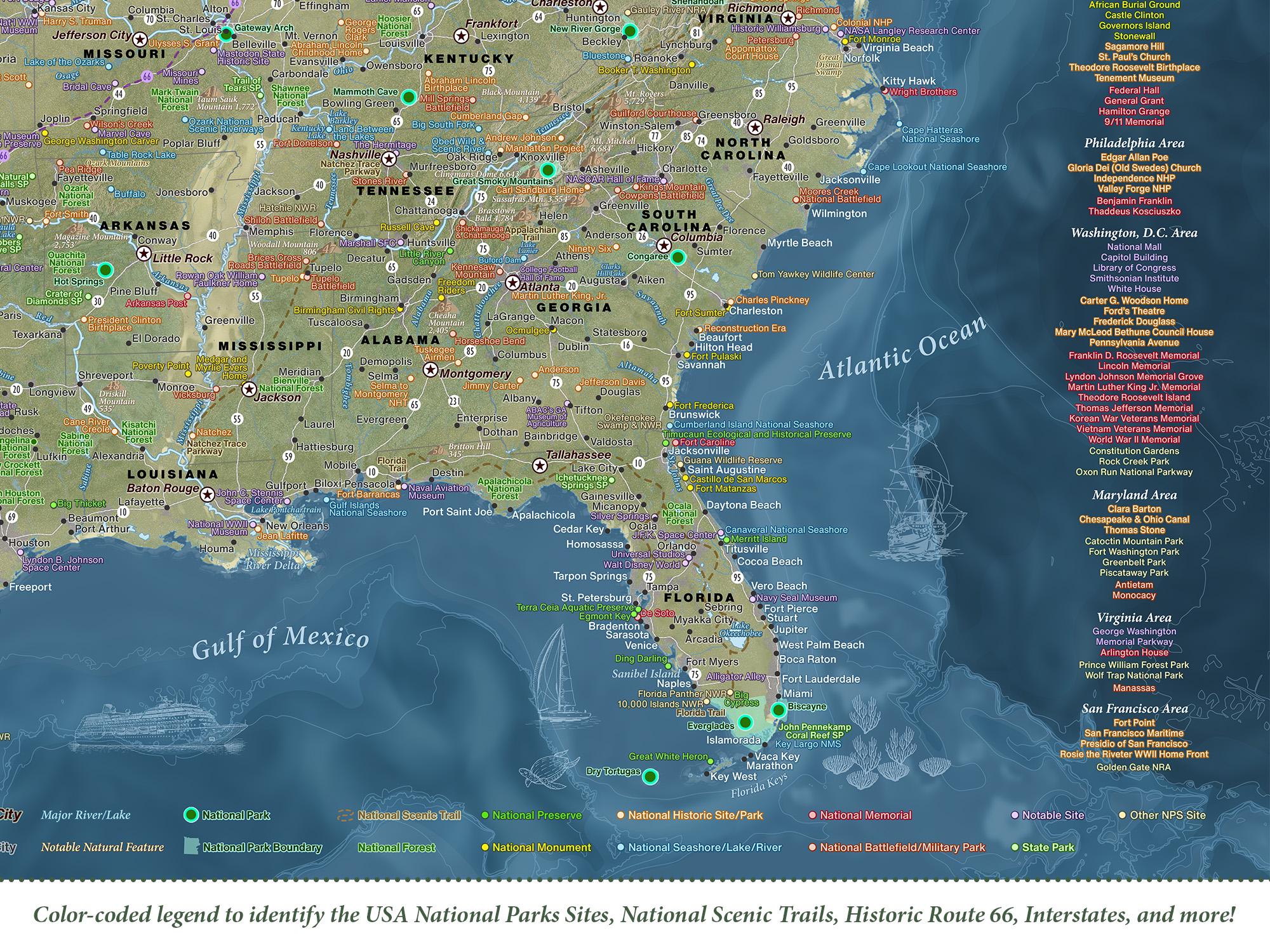 Landform Map of the USA and National Parks, Travel Tracker, Topo