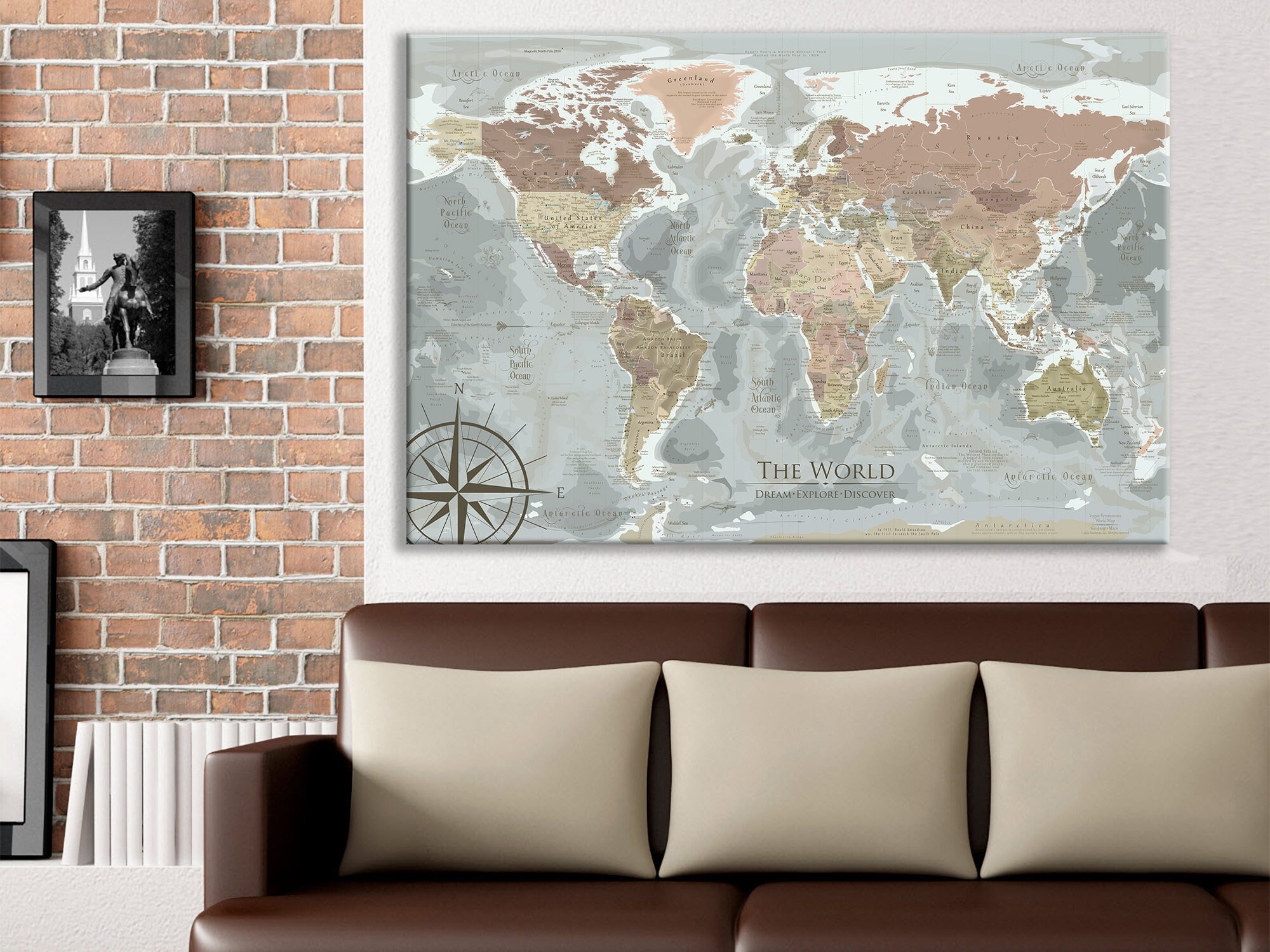 Custom World Push Pin Travel Map - World Wall Map Large - Stretched Canvas Or Framed World Map - World Maps For Wall - Travel Map With Pins - Voyager
