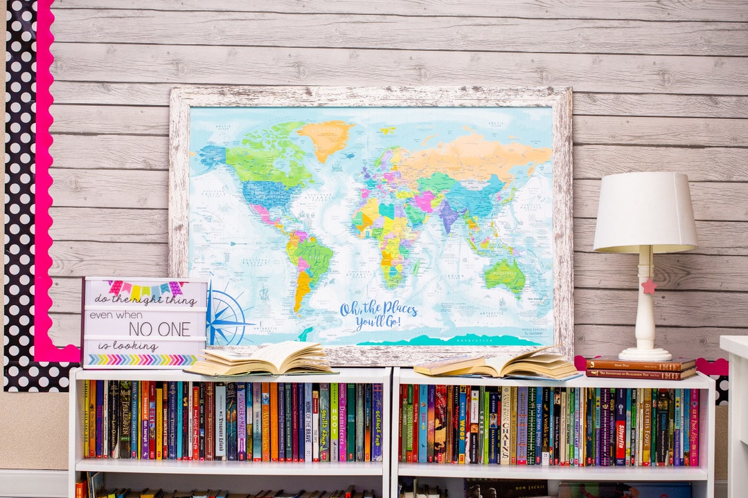 World Map for Kids Room, Pastel Colors, Framed Push Pin Map or Rolled ...
