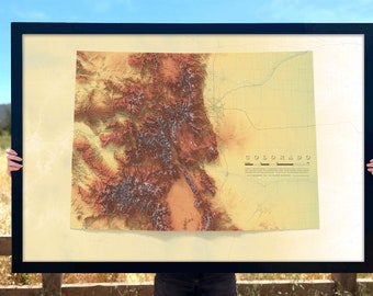 Colorado Map Topo Shaded Relief, Hydrology, Roads, Lakes, Rivers, Fine Art Print or Beautiful Solid Wood Framed Wall Art
