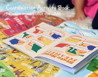 USA Kids Map and Adventure Game Bundle - A Colorful and Illustrated Map of the United States, Card Game, Activity Book, and Adventure Bag