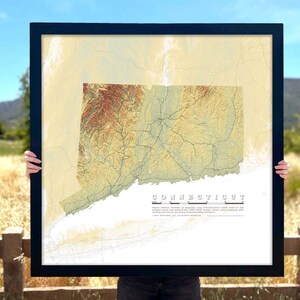 Connecticut Map Topographic Shaded Relief, Hydrology, Roads, Lakes, Rivers, Fine Art Print or Beautiful Solid Wood Framed Wall Art