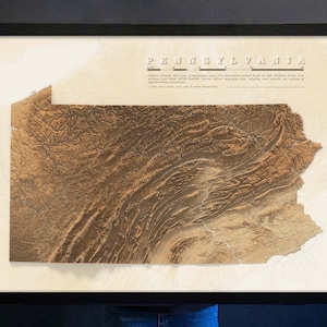 Pennsylvania Map Topographic Shaded Relief, Hydrology, Roads, Lakes, Rivers, Fine Art Print or Beautiful Solid Wood Framed Wall Art