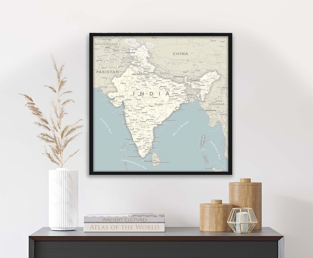 Beautiful Map of India Framed Wall Art or Print, Detailed Cities With