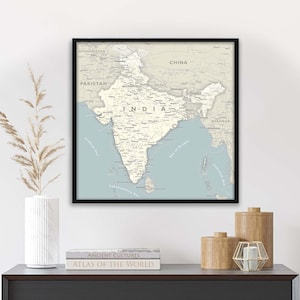Beautiful Map of India Framed Wall Art or Print, Detailed Cities with Roads, Borders, Countries, Large Travel Planning Map, 24x24 inch map