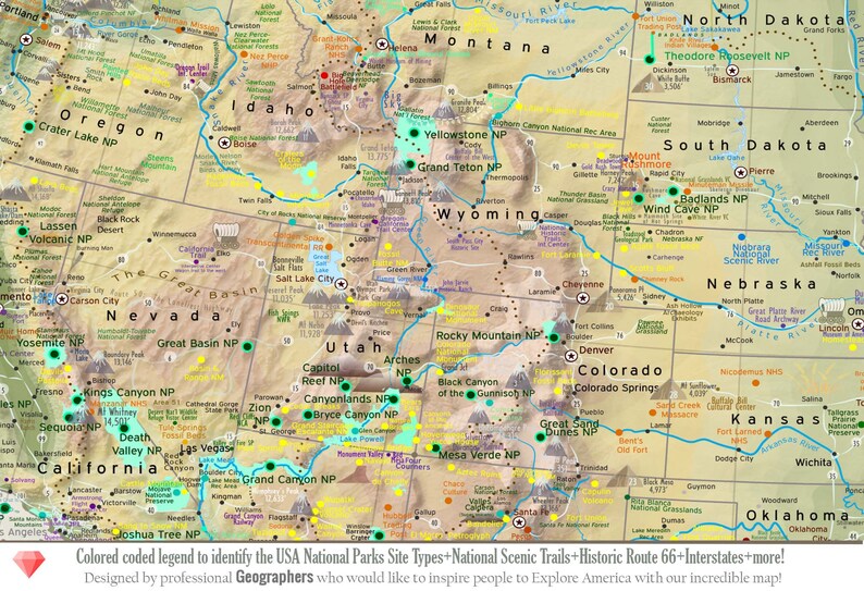 Landform Map of the USA and National Parks USA Elevation Map Etsy
