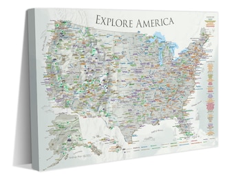 National Parks Travel Map, Framed Push Pin Map or Poster Print, Detailed USA Map with Roads and Historical Sites - Professional Geography